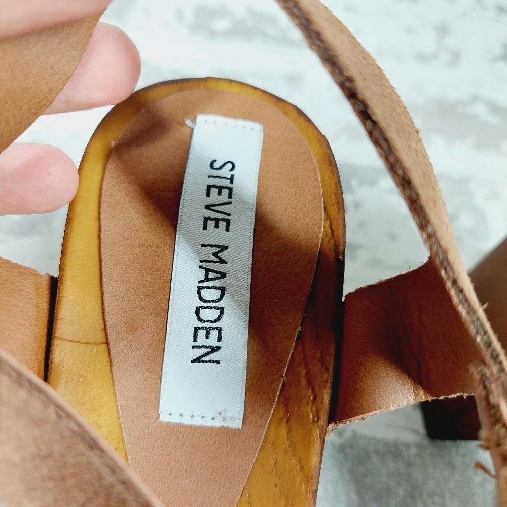 New Steve Madden Alabama Platform Suede Brown Strap Wooden Studded Sandals F659 - Picture 10 of 13